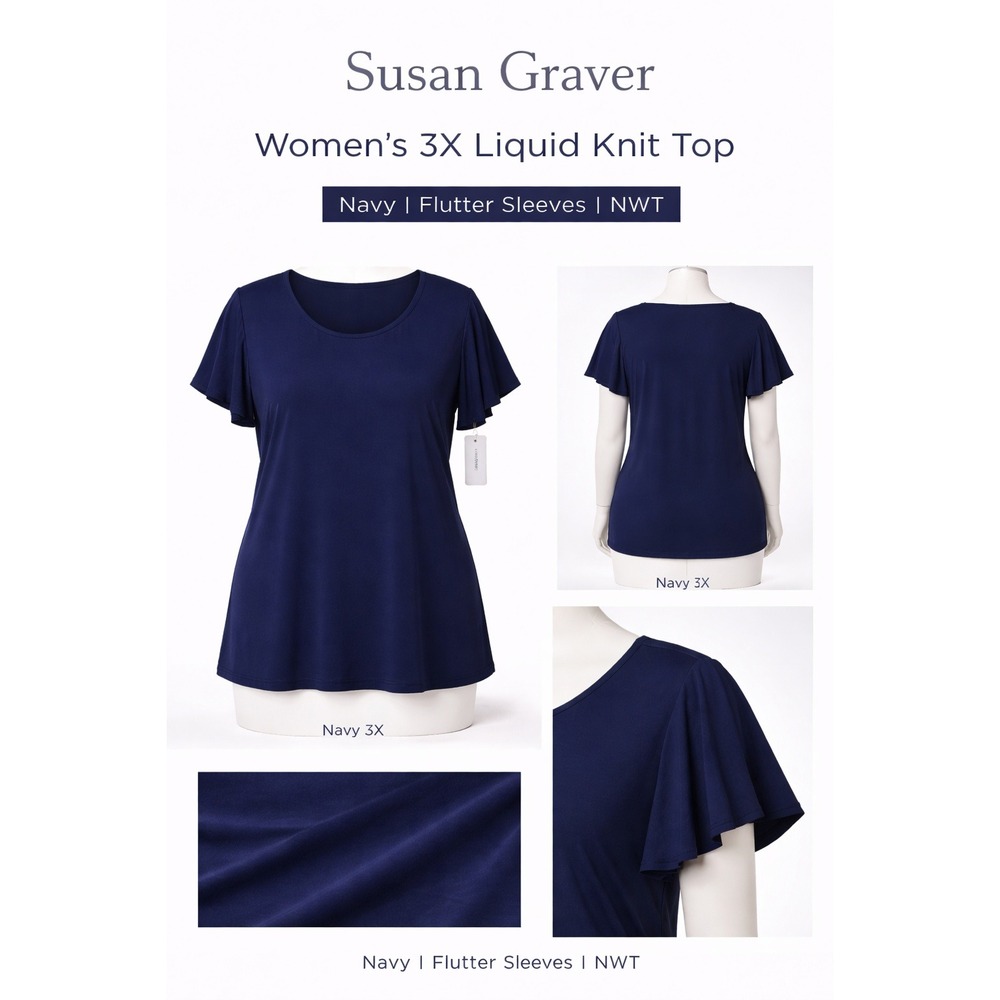 Susan Graver Womens 3X Liquid Knit Top Navy Blue Flutter Sleeve‎ Scoop Neck NWT